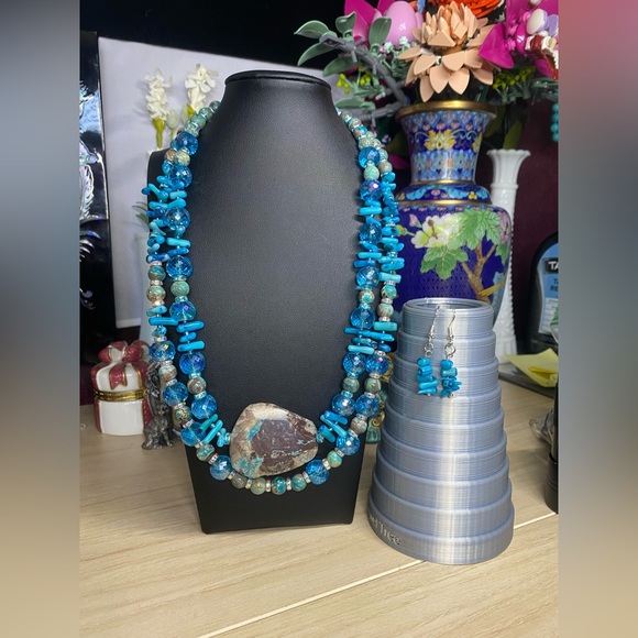 Jewelry - Handmade blue mushroom jasper, blue coral and blue crystal two strand necklace